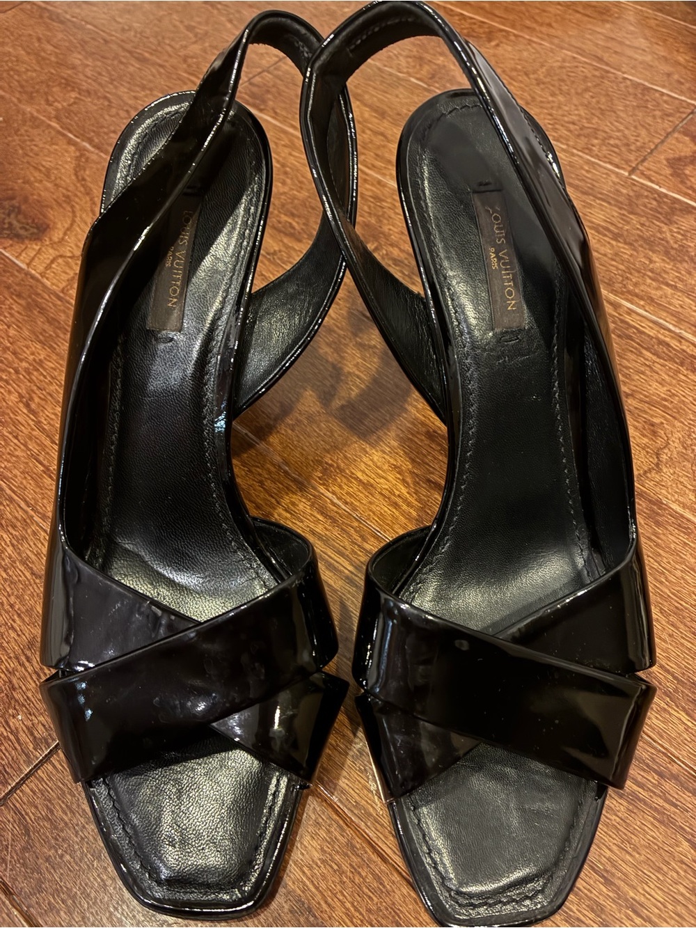 Louis Vuitton Black Patent Leather Cross-Strap Slingback Heels. Size 38 1/2.